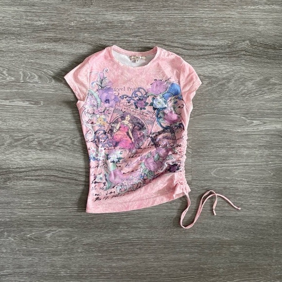 Vintage y2k pink graphic print side tie adjustable tee top - Picture 1 of 6